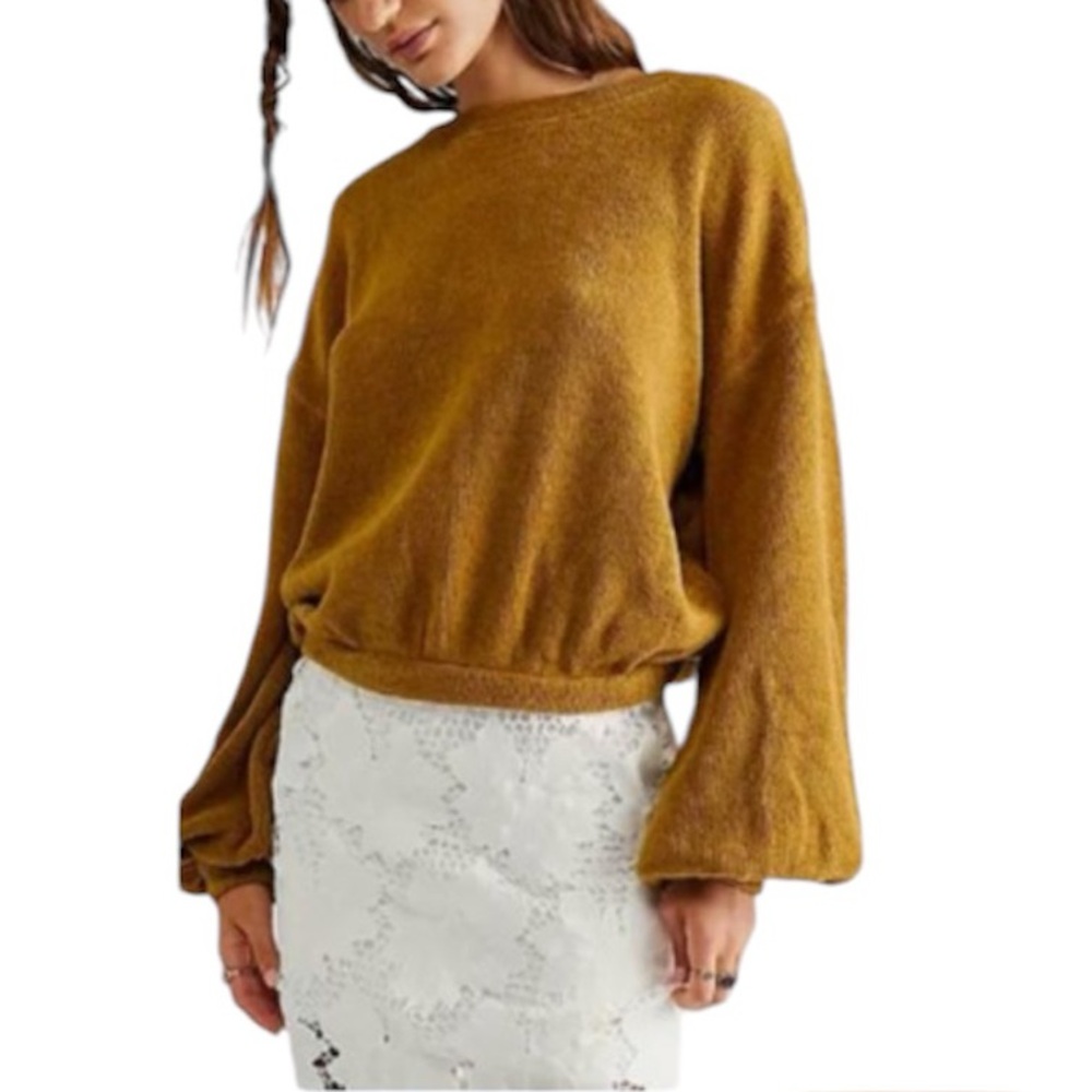 *SOLD* Free People FP Beach Happy Pullover Sweater in Yellow Mustard Size Large - Picture 1 of 11
